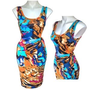 NWT Spense Abstract Colorful Ruched Waist Tie Tank Dress Turquoise